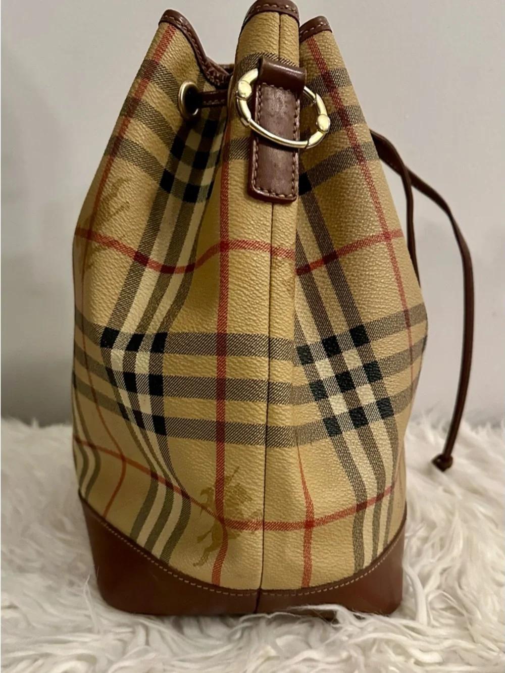Burberry Beige Plaid Canvas Leather Trim Drawstring Hobo Bag